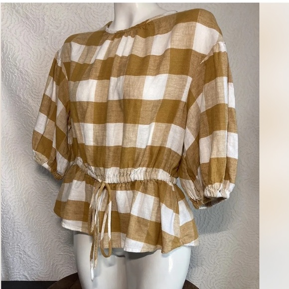 Who What Wear Blouse Brown Gingham Linen Blend Elastic Waist 1/2 Sleeve medium - Picture 1 of 11